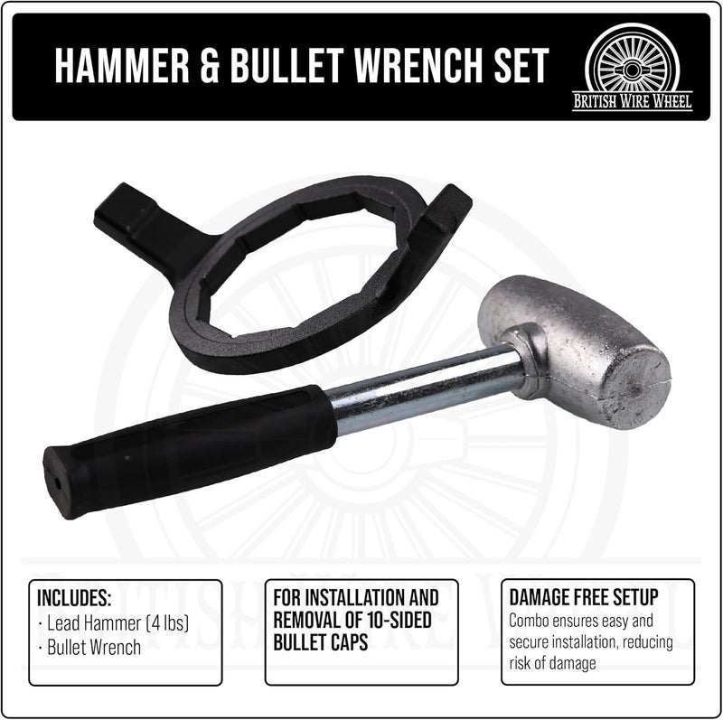 British Wire Wheel 4lb Lead Hammer and 10-sided Bullet Wrench Set - Dead Blow Lead Hammer + Bullet/Diamond Wrench are Essential Tools for Lowriders with Bullet Knock-Off Spinner Cap Fitted Wire Wheels - Image 2
